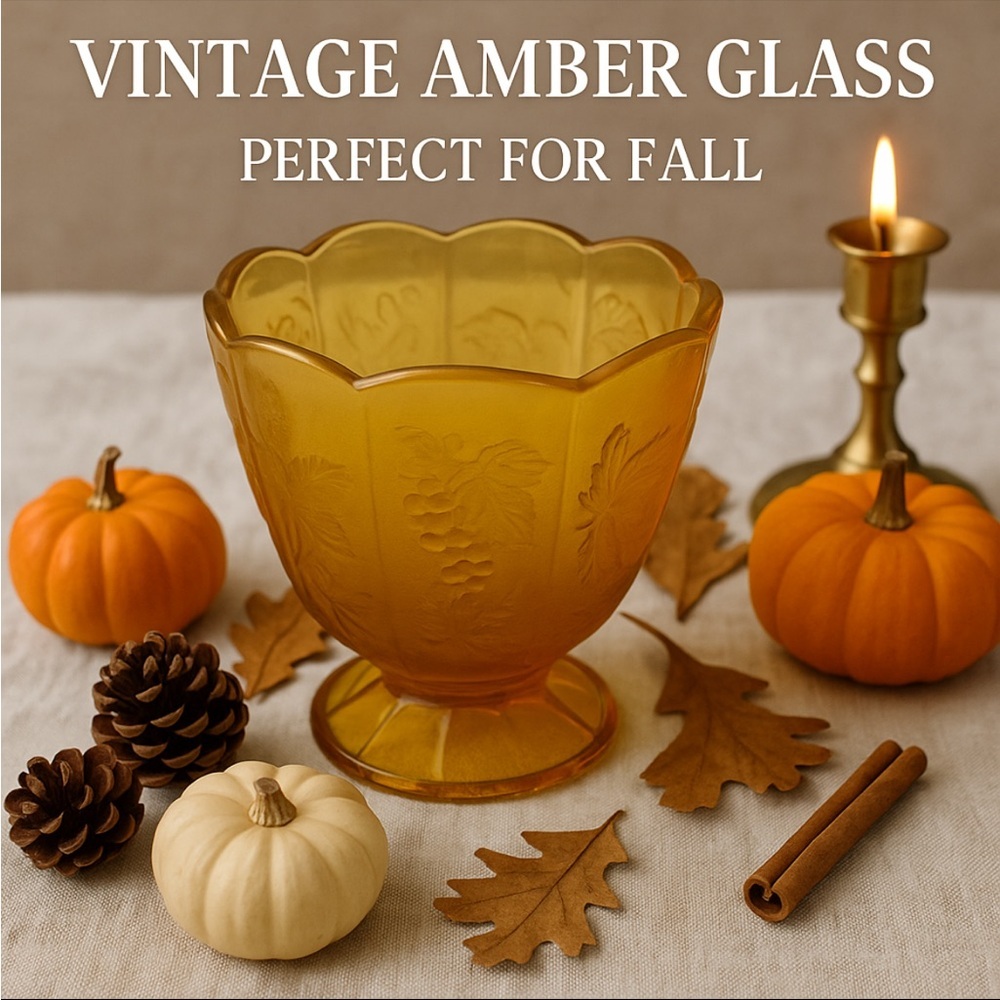 Vintage Amber Pressed Glass | Grapes & Leaves | Scalloped Rim Footed Candy Dish